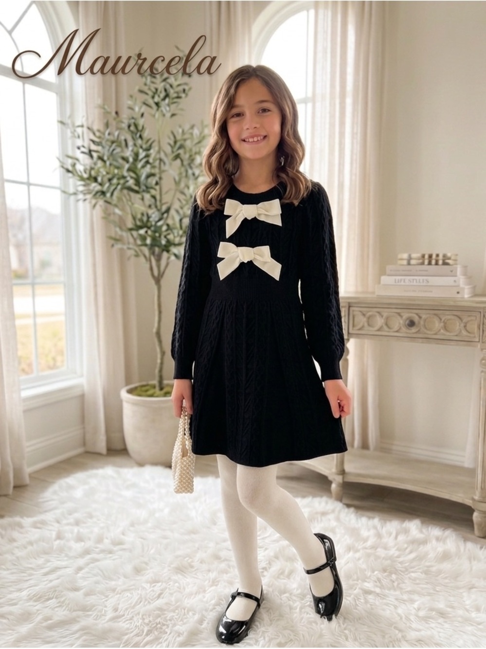 NWT Gianni Bini GB Girls Black Cable Knit Dress Cream Bow Accent